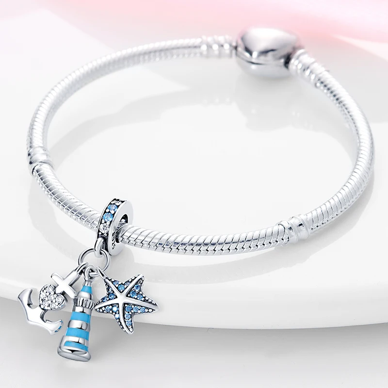 Summer 925 Sterling Silver Sailing Ship Lighthouse Luminous Ocean Series Charms Beads Fit Pan 925 Original Bracelets DIY Jewelry