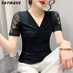 M-3XL New Summer Chic Off Shoulder Short Sleeved Women's T-Shirt Fashion Sexy V-Neck Handmade Beading Tops Elegant Girl Tees