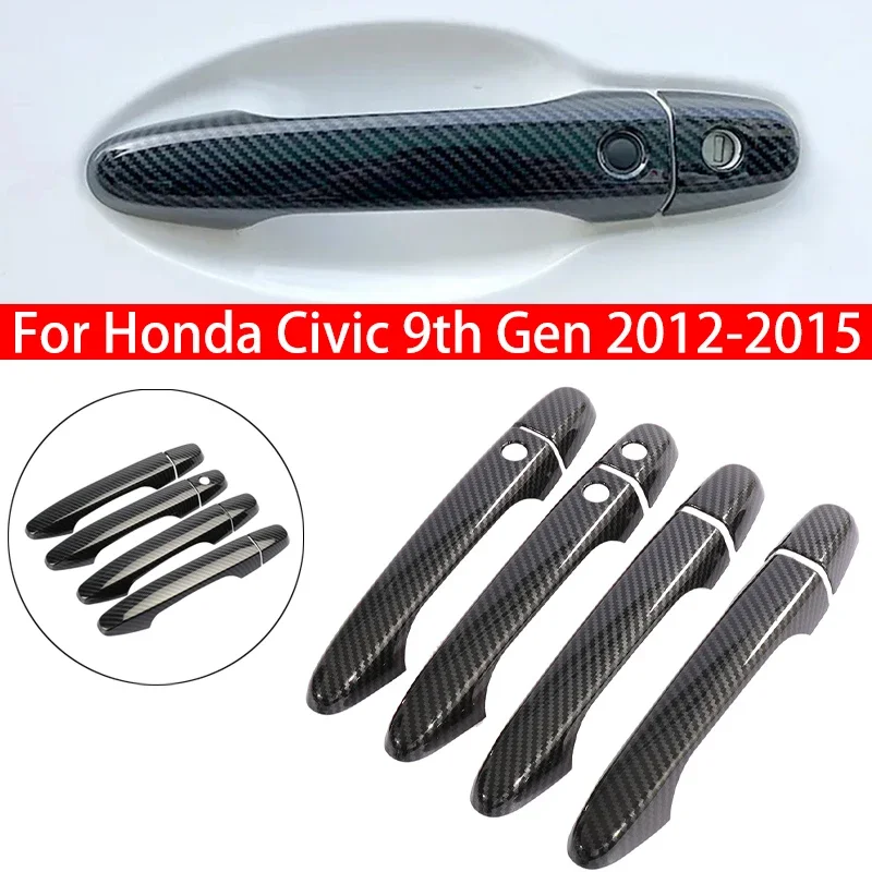 For Honda Civic 9th Gen 2012-2015 Car Carbon Fiber Style Black Exterior Door Handle Moulding Cover Trim w/Keyless Entry Decor