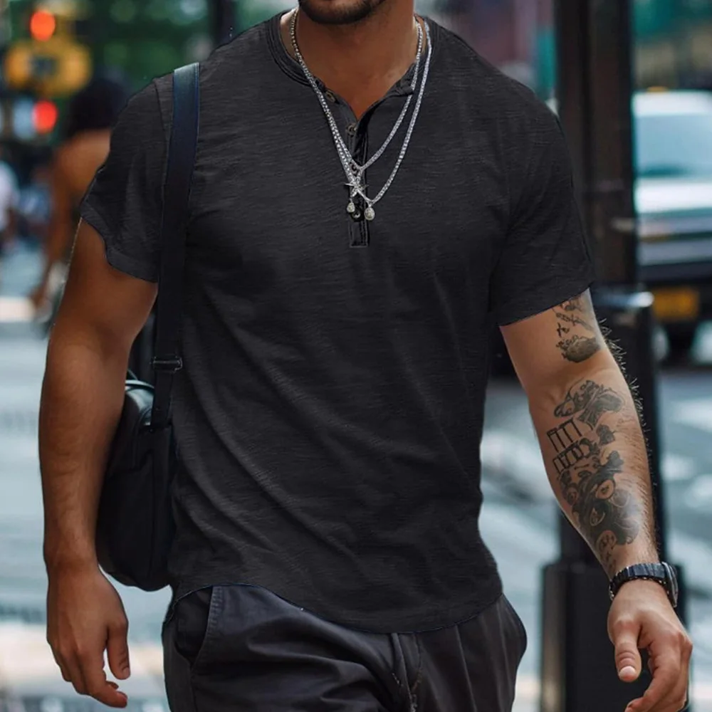 Free Print Your Logo Men's Summer Cotton Short-sleeved T-shirt Solid Color Henry Shirt Slim Fit T-shirts For Men Team Custom image 2