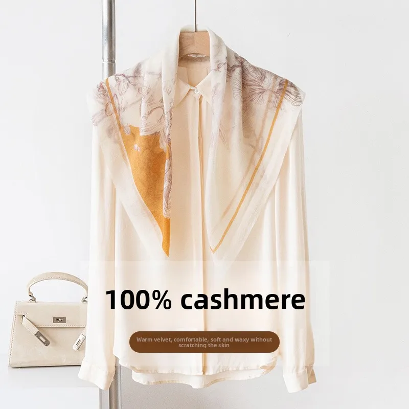 

100% Cashmere Scarf Women Autumn Winter Luxury Lightweight Floral Branch Print 70cm Square Shawl Bandana Warm Neckerchief