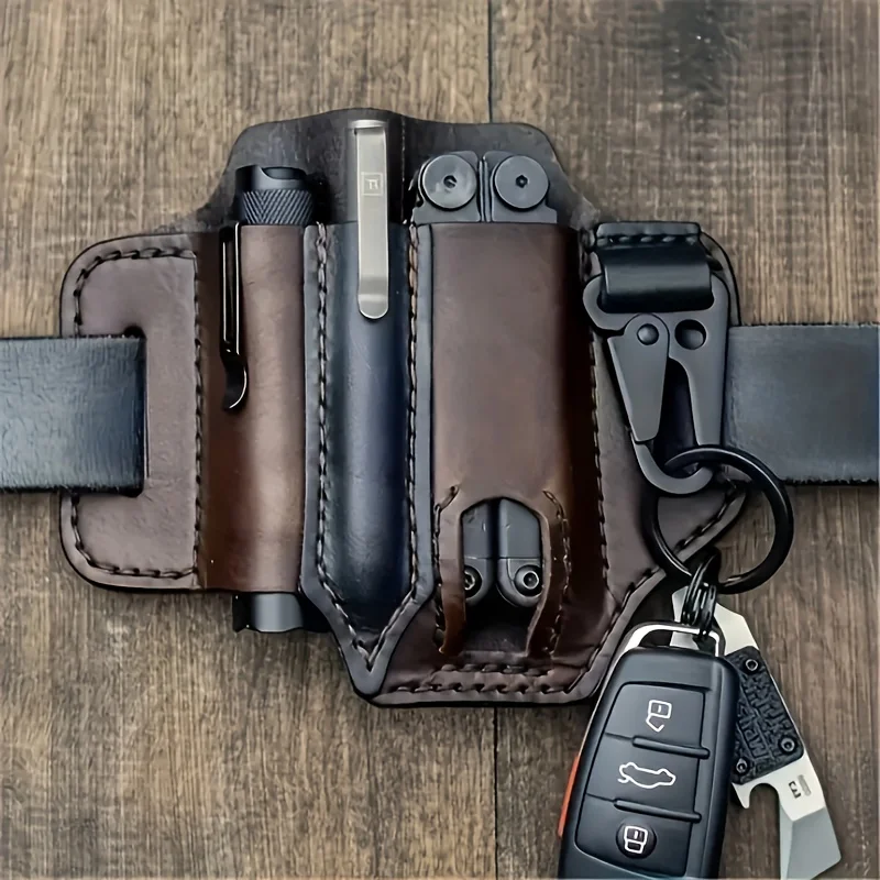 Bolsa de Cintura Tática em Couro Sintético - Pochete Multi-Compartimentos para Ferramentas e Lanterna, Durável para Atividades ao Ar Livre, Camping, Caminhadas.