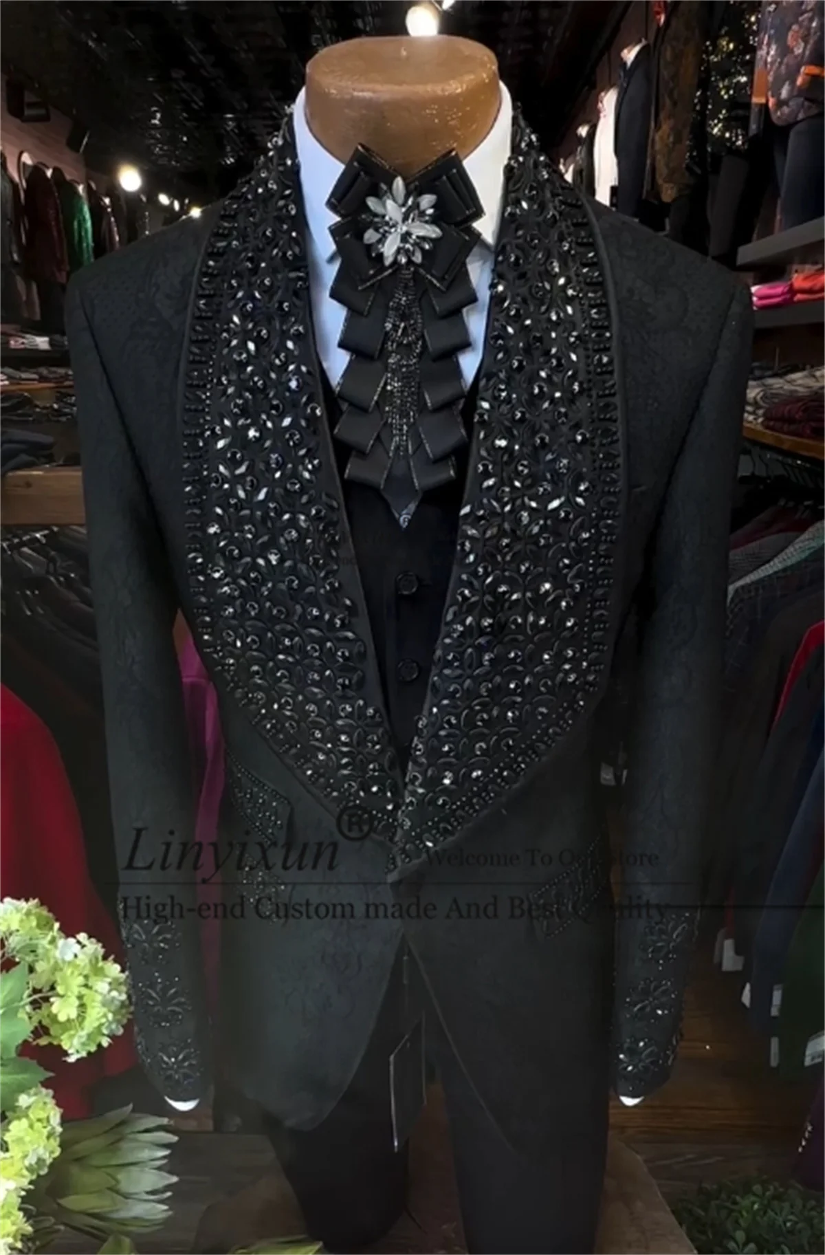 

Блестящий металлический украшенный бисером мужской костюм, комплект из 3 предметов, мужские пиджаки, тонкий костюм Homme, модный жаккардовый смокинг жениха по индивидуальному заказу