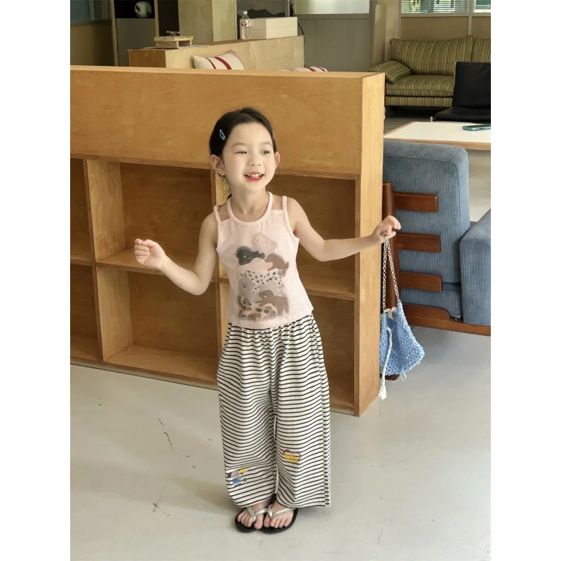 

2025Summer New Girls' Cartoon Strap Vest+Striped Casual Pants Two-Piece Set Baby Summer Outfit Set