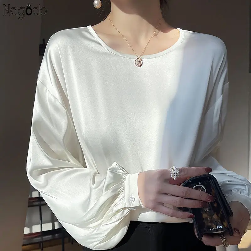 2024 Spring Loose Women\'s Shirt Solid Color Office Lady Tops O-Neck Long Sleeve T-Shirt Satin Silk Lantern Cuffs Women Clothing