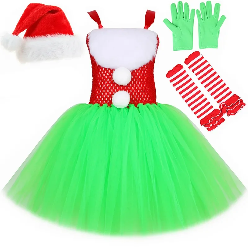 Christmas cosplay costume green monster disguise dress full set for girls kids outfit Halloween Carnival party clothes role play
