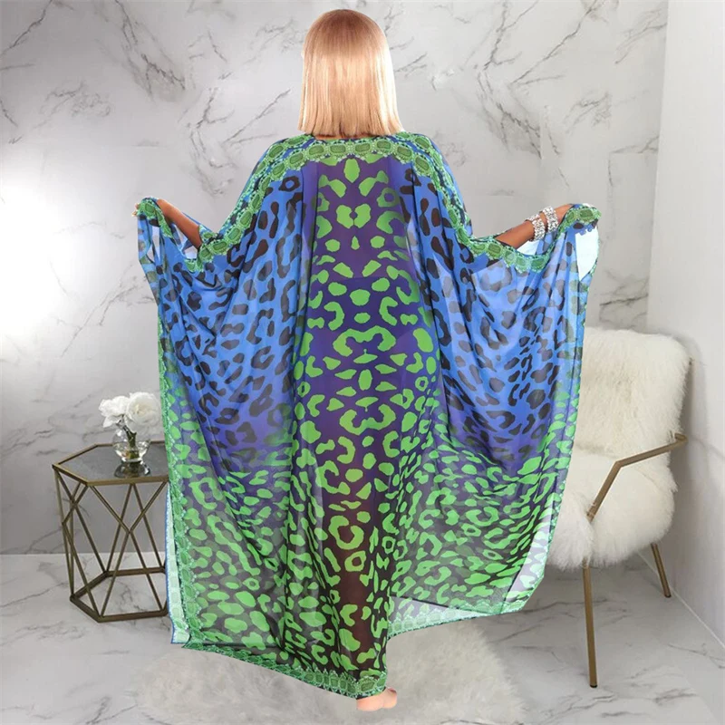 Sexy Chiffon Printed Loose Casual Shirt Dress Women Button-up Deep V-neck Bawting Sleeve See Through Night Club Party Long Dress