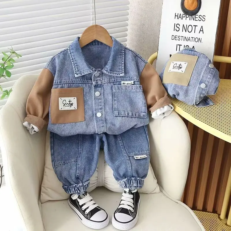 Autumn and Spring Boys\' Clothing Set New Children and Baby Bear Jeans Coat Denim Pants 2 Piece Set 2 3 6 8 T