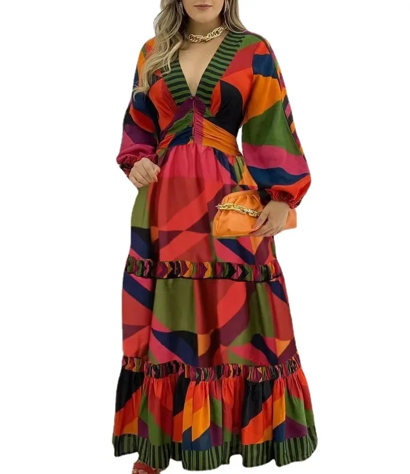 

2023 African Dresses for Women Spring Summer African Long Sleeve V-neck Polyester Printing Long Dress African Maxi Dress