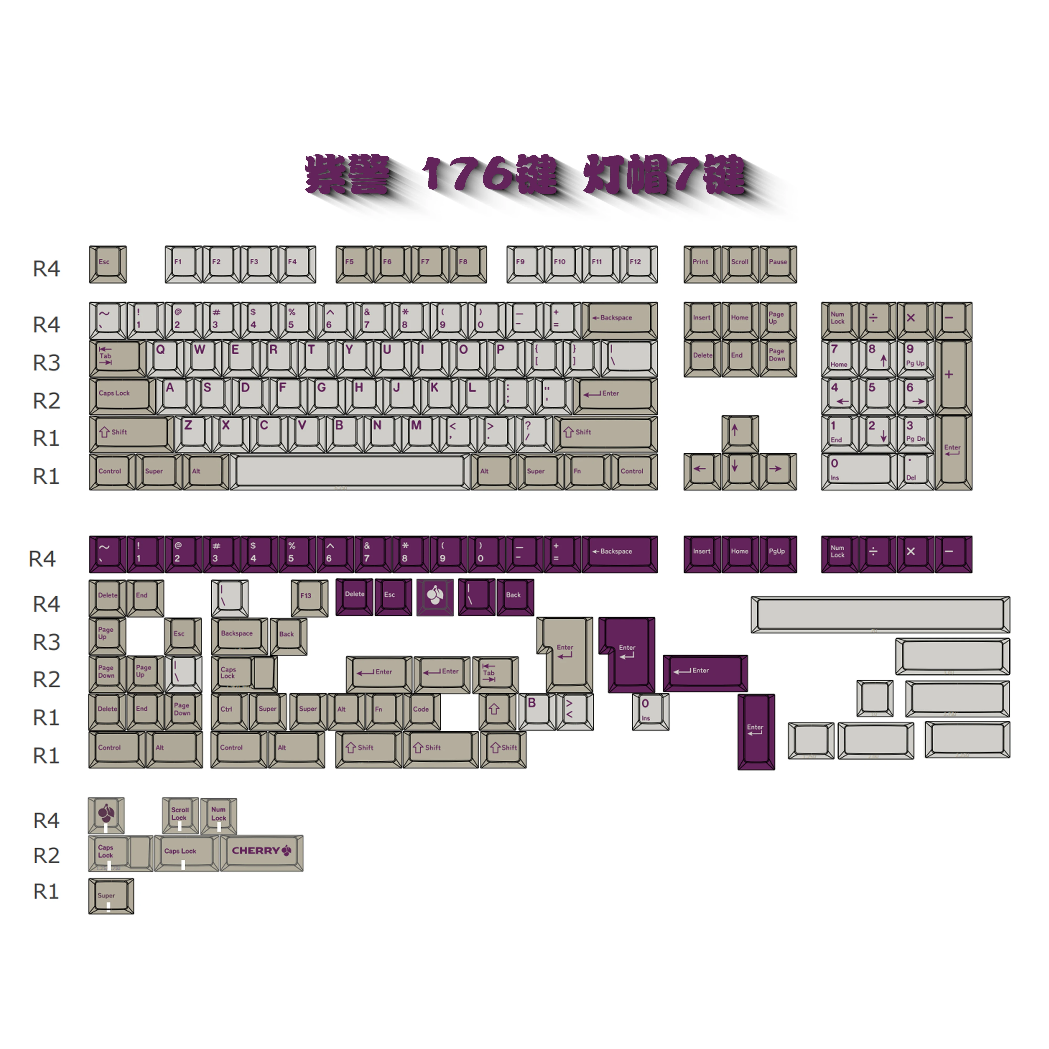 Teclas retro roxo do tema da polícia, sublimação de cinco lados, cereja PBT, conjunto completo, 2.25U/7U 'L', tecla entrar