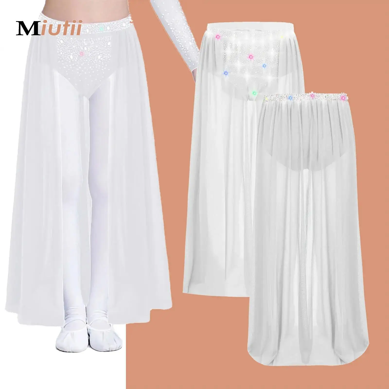

Sheer Mesh Ballet Classwear Dance Skirt Kids Competition Performance Clothes Elastic Waistband Maxi Skirts with Built-in Briefs