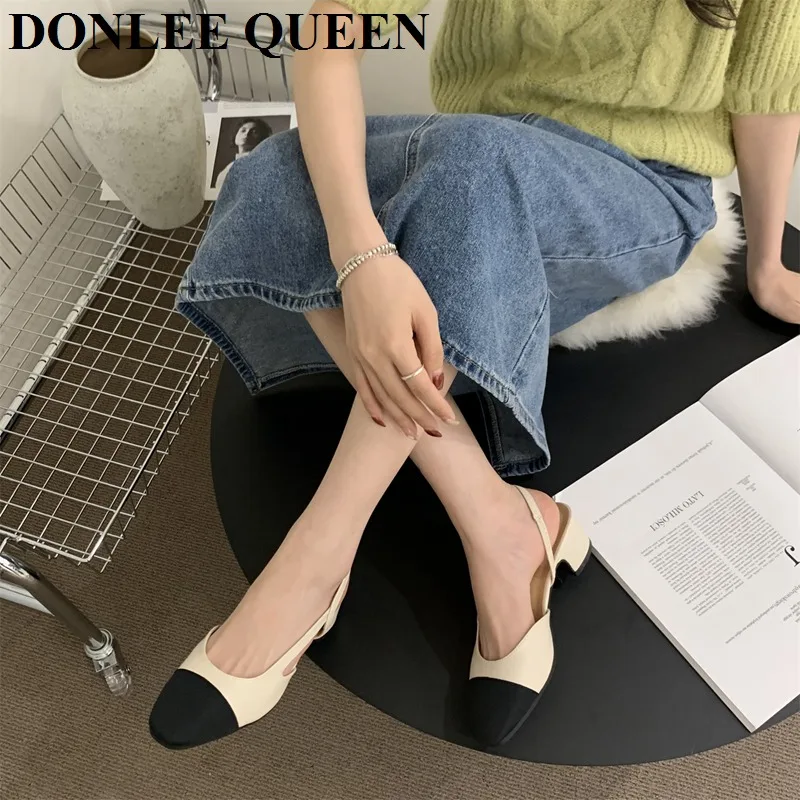 Classic Mixed Color Slingback Sandals Women Elastic Band Back Strap Flats Mules New Brand Design Heels Pumps Female Office Mujer