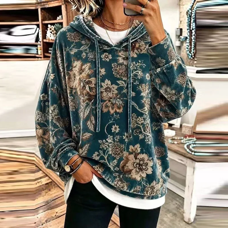 Women Vintage Floral Print Velvet Hoodie Long Sleeve Drawstring Pullover Casual Loose Fall Flower Pattern Streetwear Sweatshirts