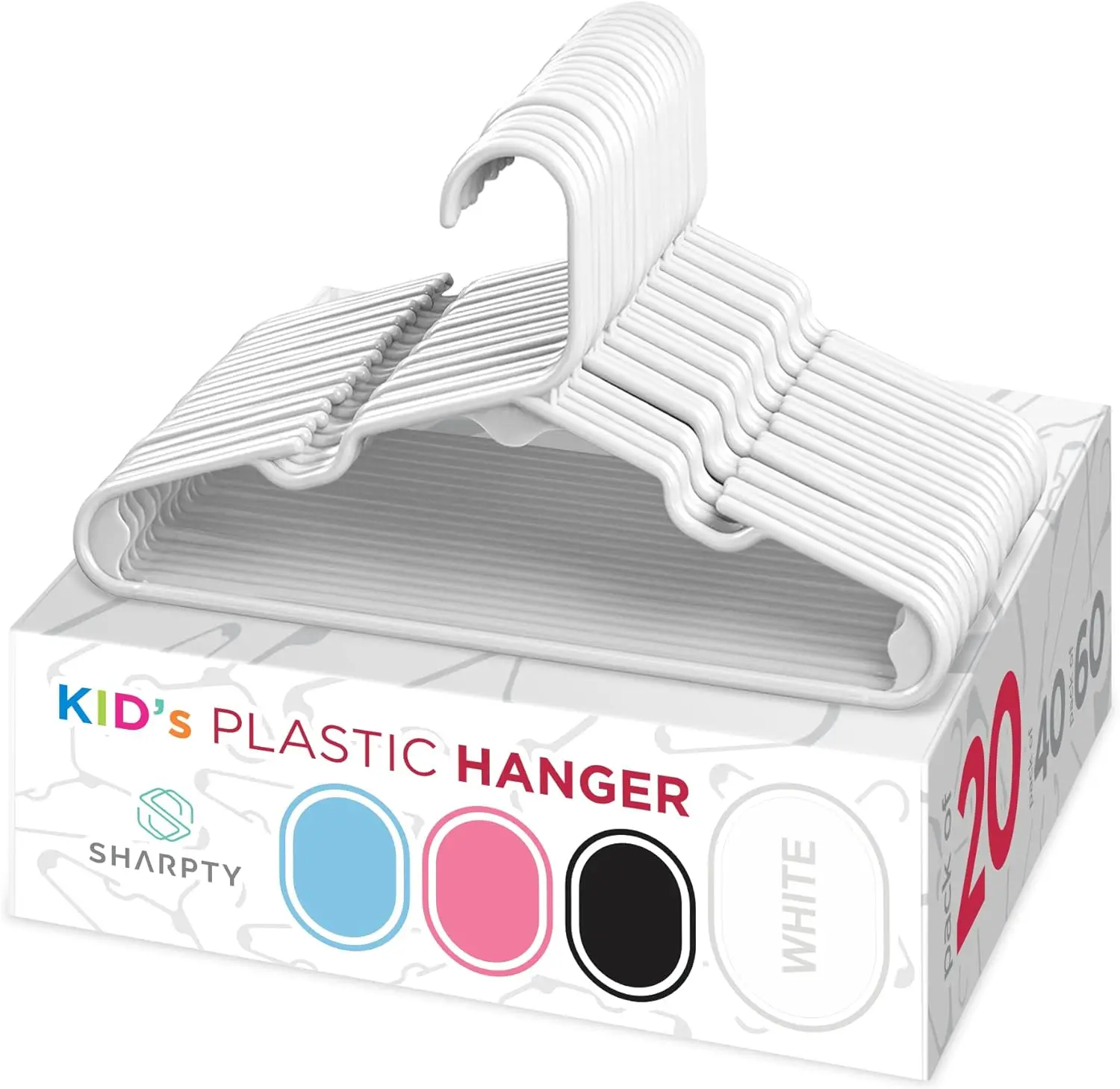 

Kids Plastic Hangers 20-Pack, White - Durable for Baby Toddler Clothes, Shirts, Pants, Coats