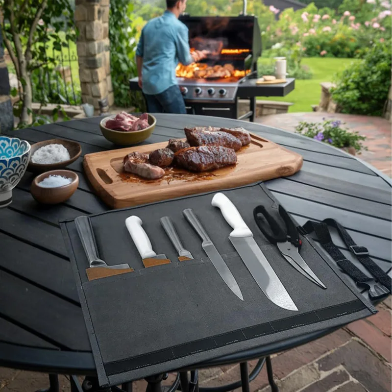 Waxed Canvas Chef Knife Roll Bag Portable Organizer Outdoor Cooking Kitchen Carrying Pouch Professional Knives Storage Pocket