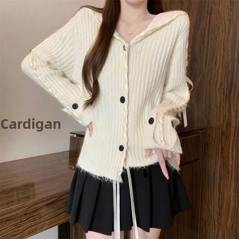 Korean Sle Navy Collar Asymmetrical Knitted Sweater Cardigan Faionable Women's Autumn Winter New Arrival Warmth Heating
