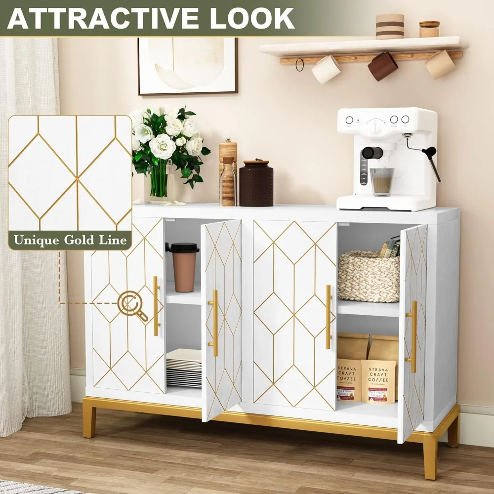 خزانة بيضاء معاصرة مع 4 أبواب ورفوف، بوفيه خزانة جانبية مزخرفة بالذهب لمساحات المعيشة والدخول