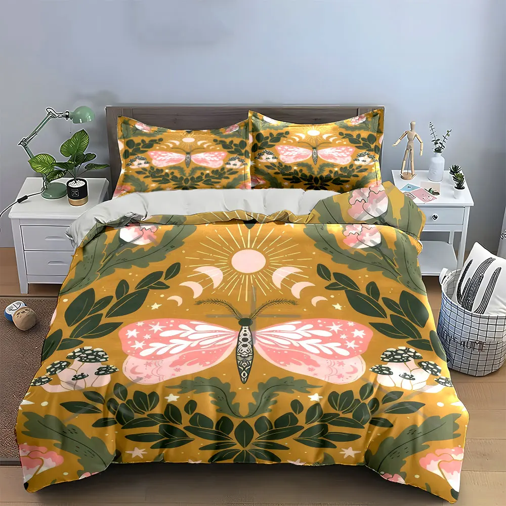 3Pcs Mystical Boho Bedding Set, Pink Lunar Moth with Stars and Flowers Print Duvet Cover, Whimsical Bedroom Decor