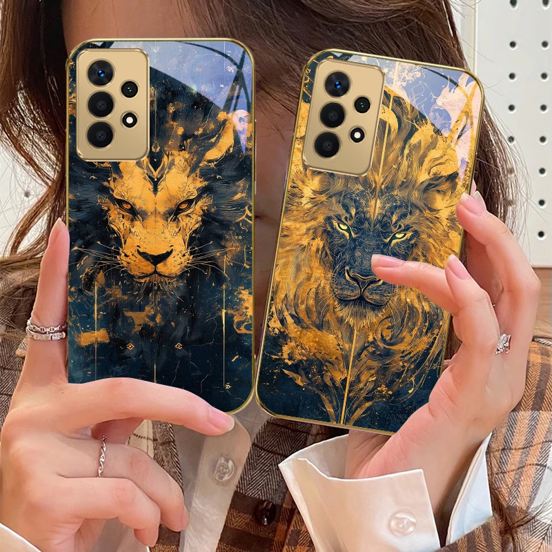

Artistic Golden Lion Head For Samsung A 01 52S A04 A05S A10 12 13 22 23 24 36 42 M02 Note 10 20Ultra 8 9 Golden glass phone case