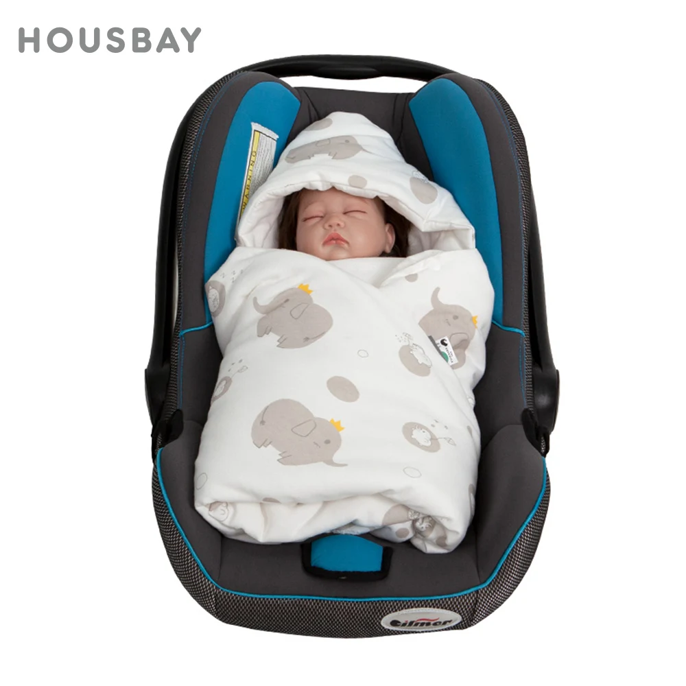 

Одеяло для новорожденных с ветрозащитным капюшоном для детского автокресла, теплое, для выписки из роддома, серое, с изображением слона, 0-6 месяцев