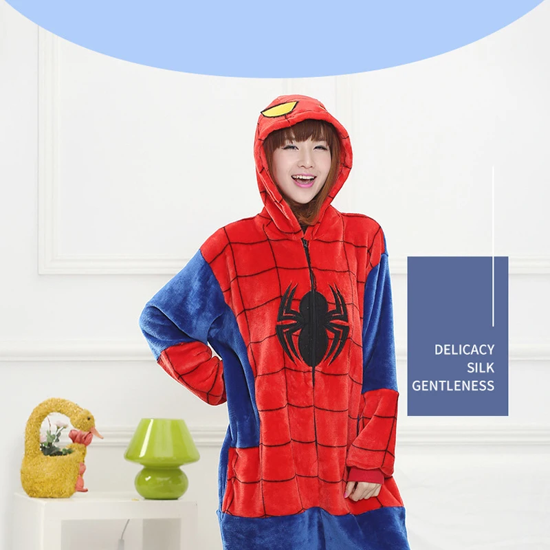 Pijama de franela de felpa de Anime para mujer, traje de una pieza de dibujos animados, manga larga, Spider-man, ropa de casa suave y cálida para hombre, invierno, informal, Kawai