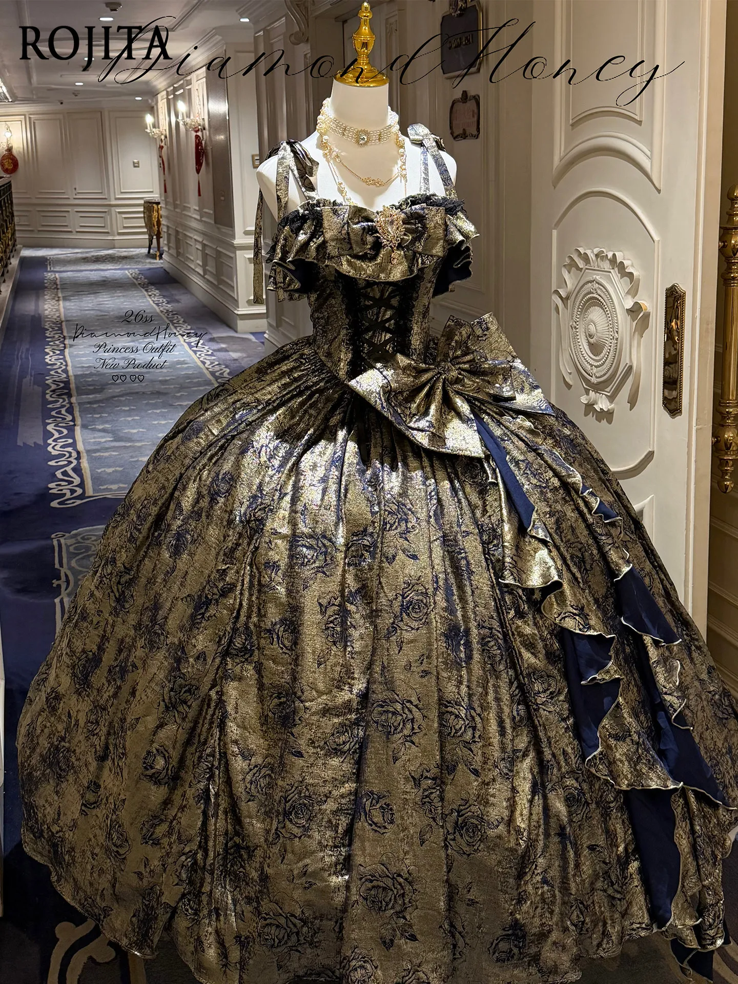 Vintage Court Gold Dark Blue Rose Jacquard Lolita JSK Off Shoulder Strap Corset Lace-Up Multi-Layer Floor Length Ball Gown