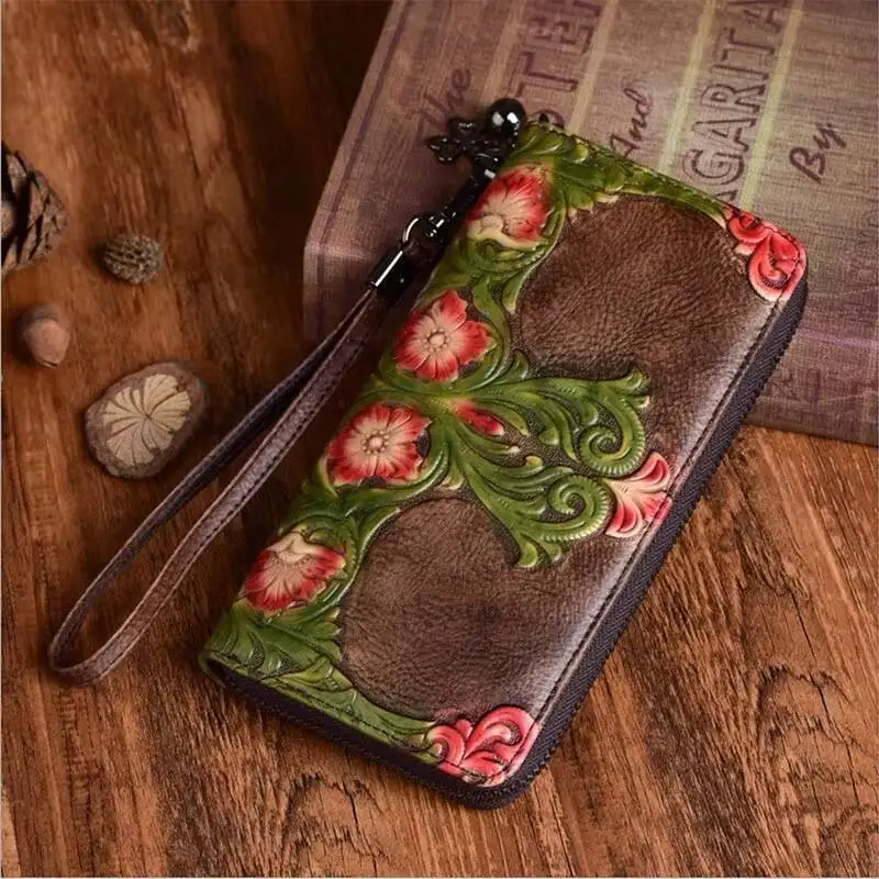 MOTAORA Women's Leather Wallet Long Clutch Purse Vintage Embossed Handmade Luxury Bags with Multi Card Slots Zipper Pocket Gift