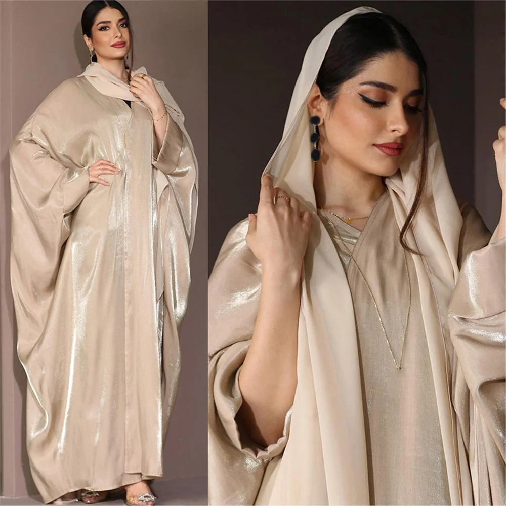 Hot Sell Bright Silk Satin Batwing Sleeve Cardigan Robe Modest Muslim Dubai Plus Size Kimono Open Abaya Dress Corban Eid Woman