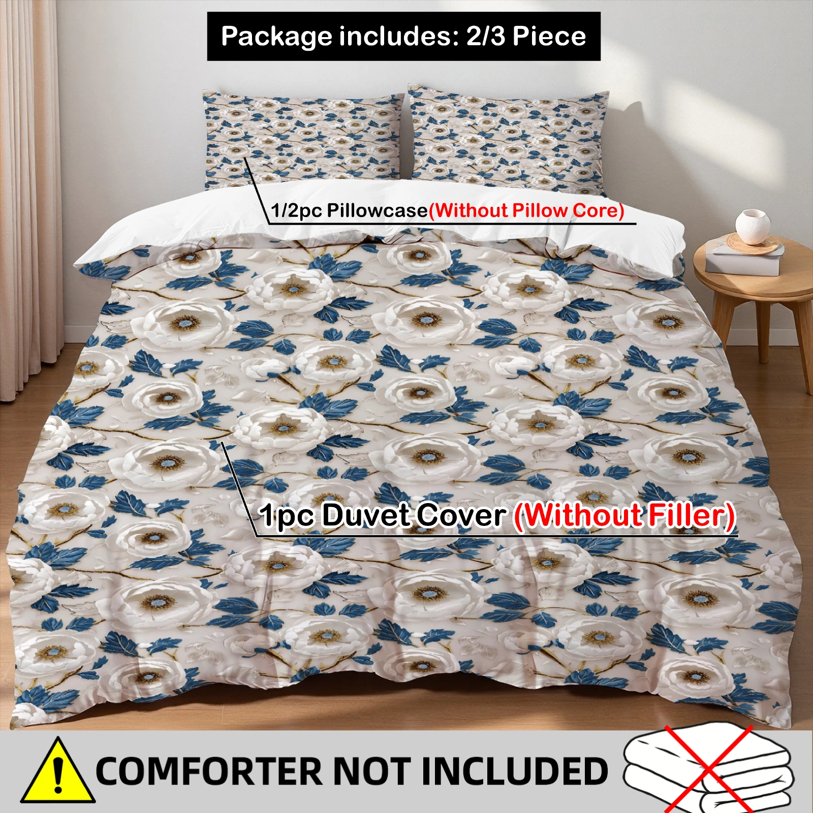 3-teiliges Bettwäsche-Set mit weiß-blauem Blumenmuster, 3D-Pfingstrosen-Druck, 2 Kissenbezüge, ohne Bettdecke, ohne Laken, Einzelbett, Doppelbett, Queen-Size, King-Size