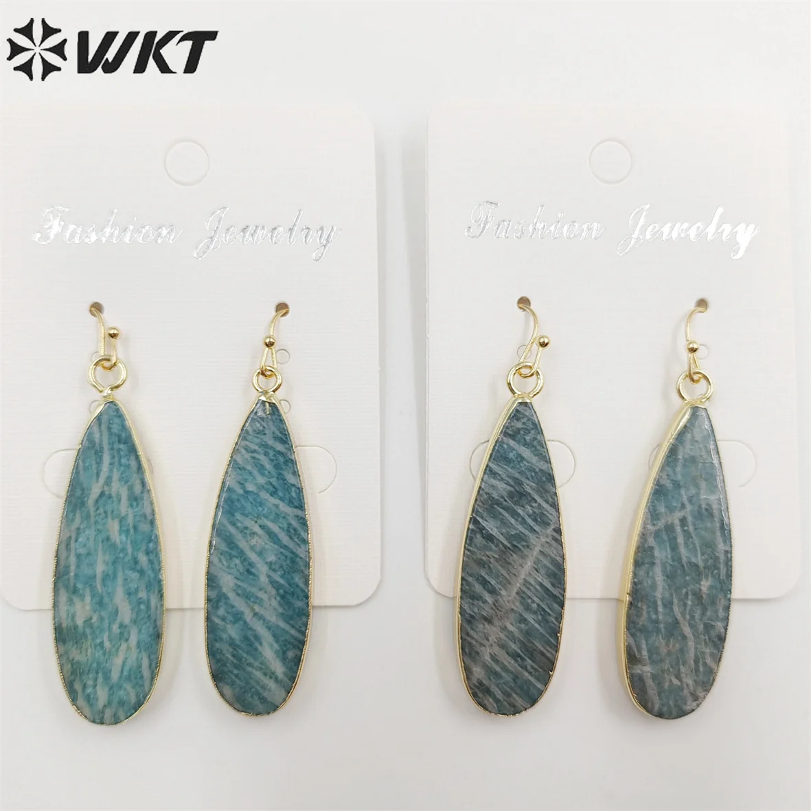 WT-E196 Hot sale  long teardrop amazonite earrings ,gorgeous stone teardrop 24k gold trim earrings for party