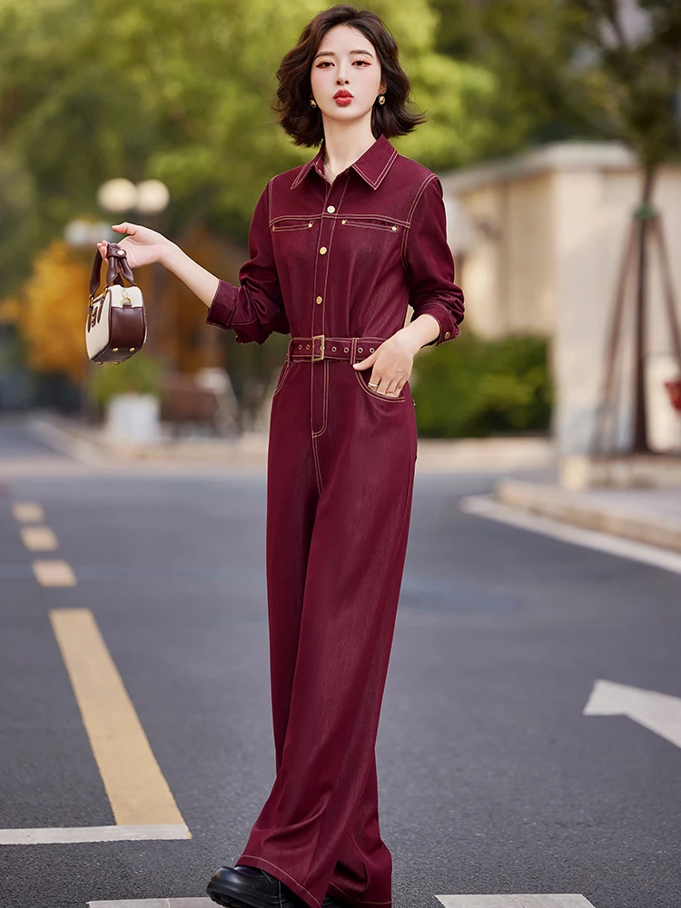 

Модный свободный рабочий комбинезон-костюм для женщин: весенне-осенний повседневный комплект с высокой талией, длинными брюками, стройнящий, для невысоких.