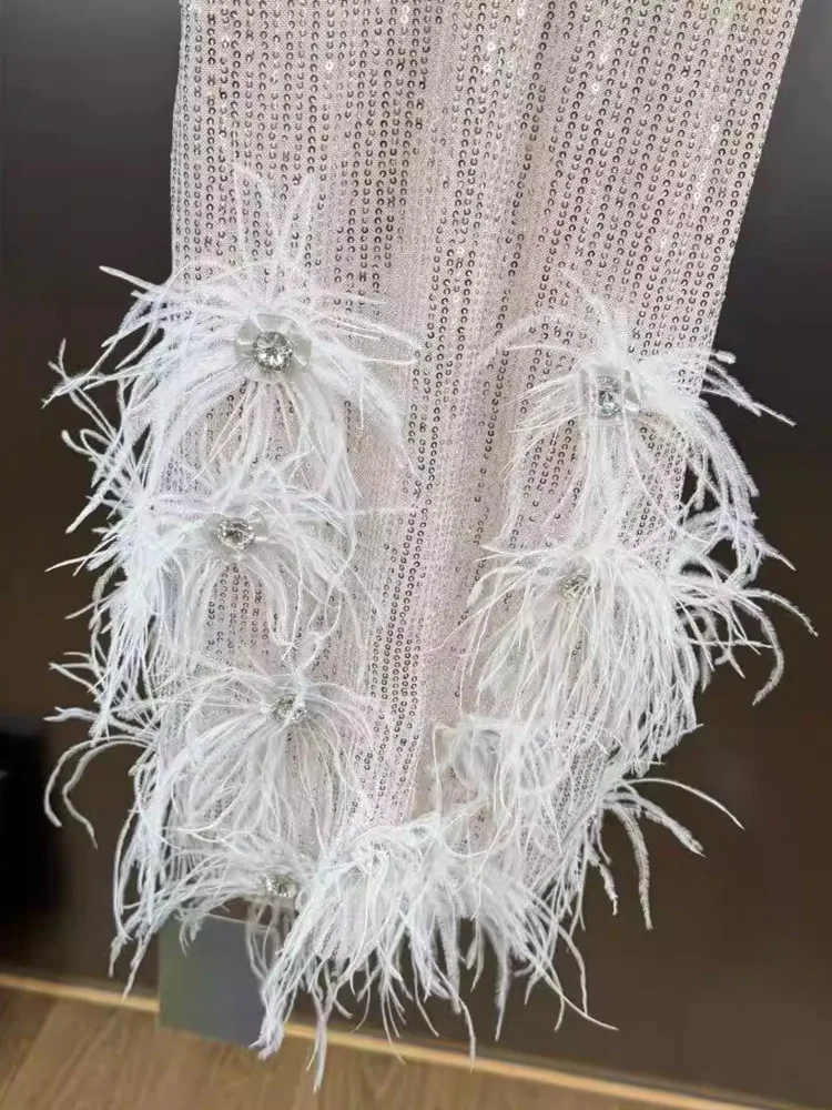 DFDG Women's Spring White Sequin Feather Cami Dress Sleeveless V-Neck Dress Elegant Party Clubwear 2025 Trendy Feminine Dress