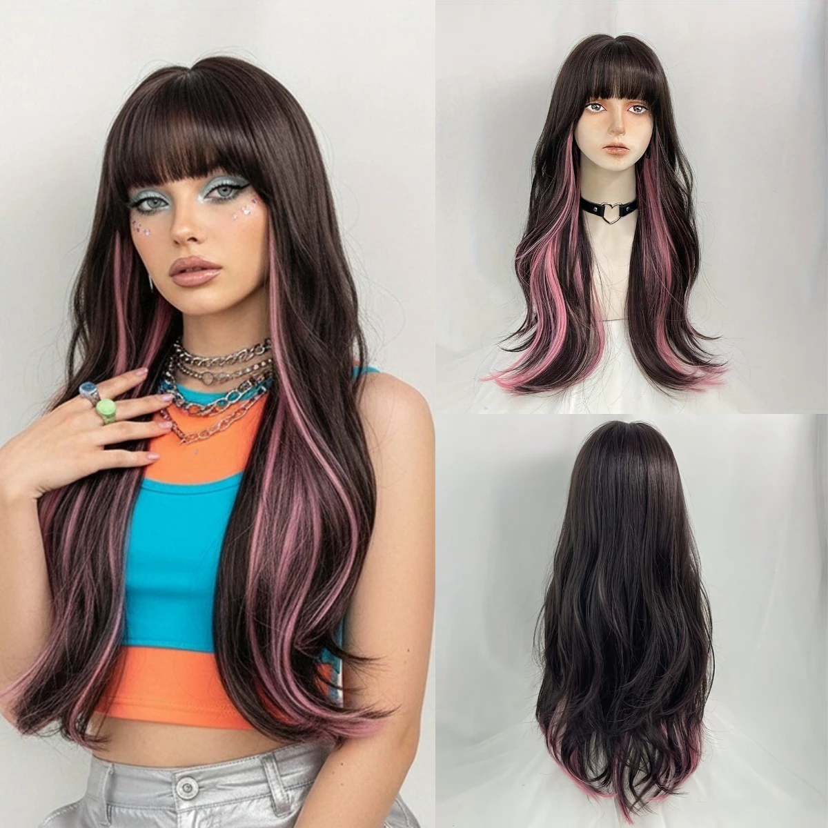 

Synthetic Long Wavy Ombre Black Pink Layered Wig With Bangs Fluffy Wig Lolita Style Cosplay Wig For Women Daily Party