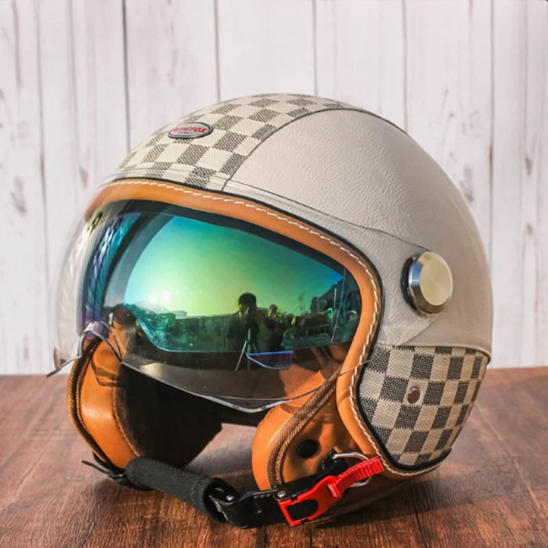 

Checkerboard Leather Open Face Helmet Double Visor Limited Edition Handcrafted Leather Detailing Colorful Visor Combo Vintage