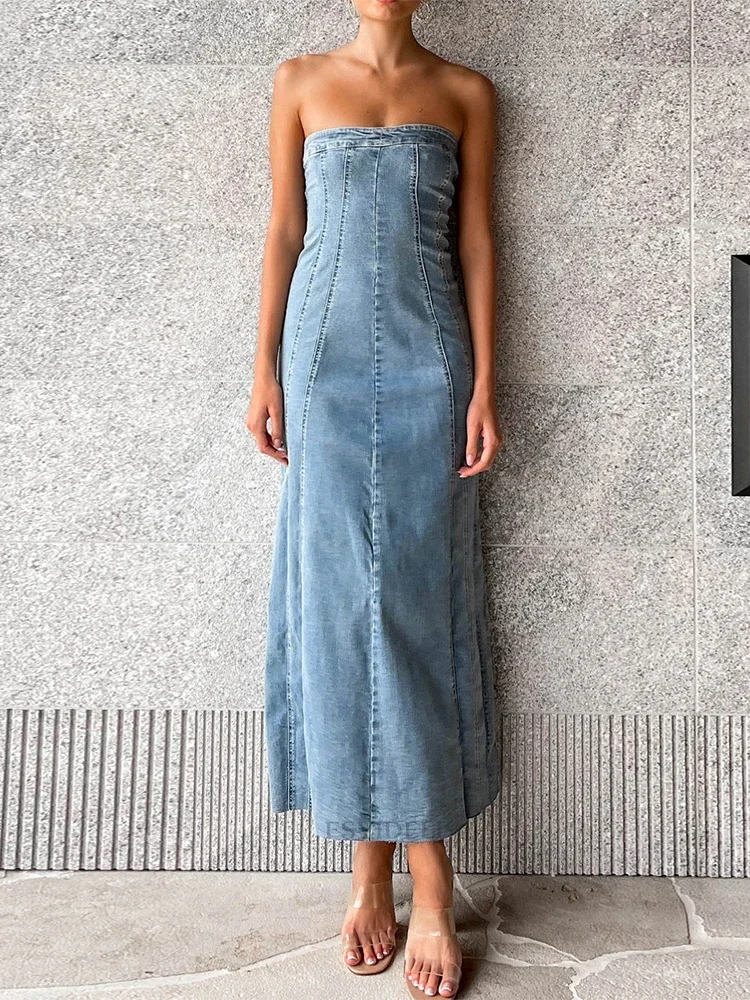 Imagem -02 - Trauxy-vestido Jeans Bodycon com Fenda Lateral para Mulheres Vestidos Maxi sem Mangas Streetwear Sexy de Rua Outono Novo 2023