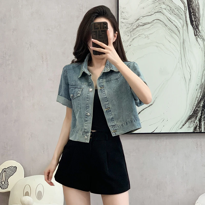

Женская джинсовая куртка с коротким рукавом, голубая Повседневная винтажная укороченная джинсовая куртка в стиле ретро, одежда для улицы на лето 2024
