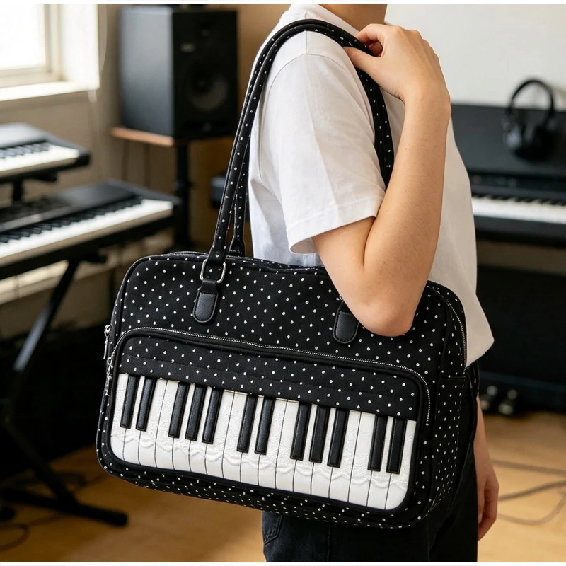  Polka Dot Piano Key Schultertasche, Damen Bowling Nylon Handtasche, Y2k Teenager Mädchen Große Kapazität Pendel- und Reisetasche, Süße Niedliche Tragetasche – Detail 6