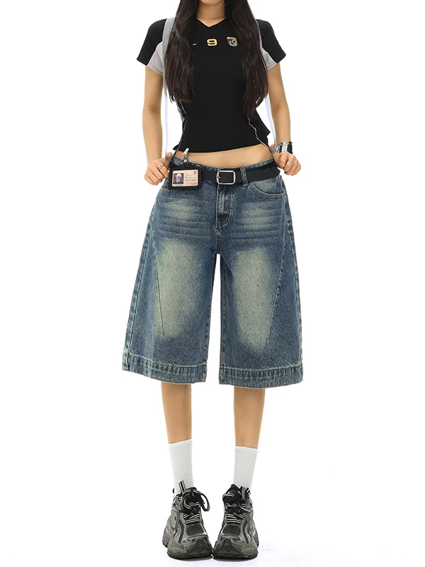 

American Sle Vintage Waed Five-Point Denim orts Women Summer Loose Drapey Straight Leg Trousers Wide Leg Jeans