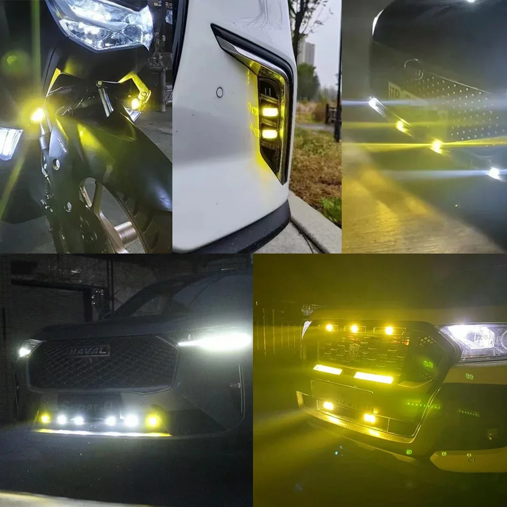 Car LED Auxiliary Headlight Spotlight Dual Color White Hi/Lo Beam Bright Driving Fog Light Waterproof Universal for Motorcycle