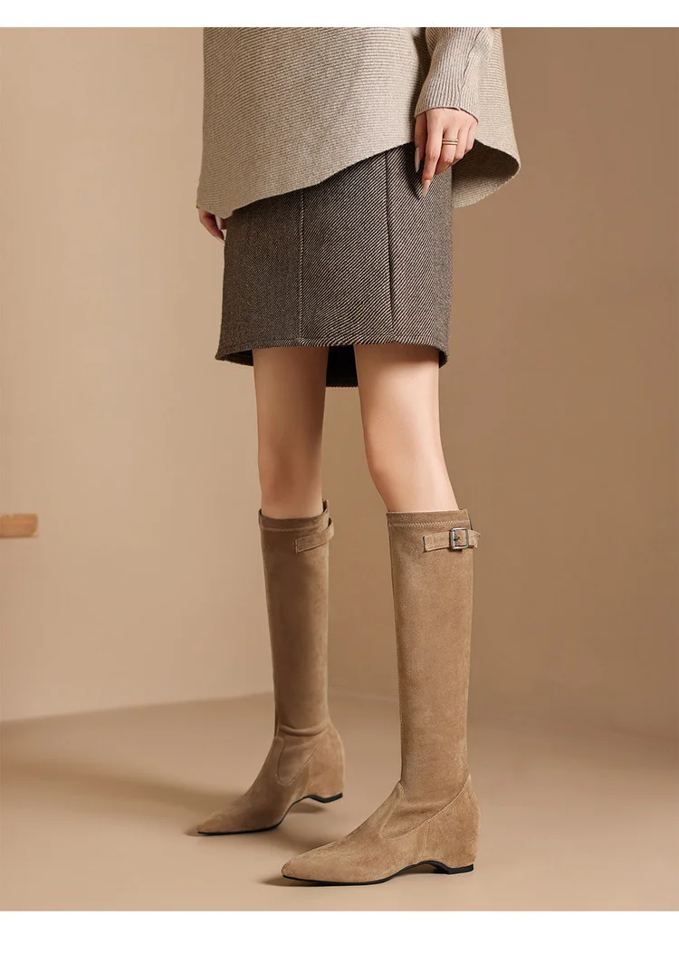 2026 Women's Shoes Fashion Pointed Toe Chunky Heel Knee-High Boots, Black/Khaki Suede with Metal Buckle, Slimming & Versatile