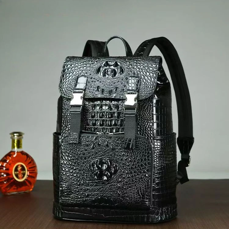

2026 New Brand Crocodile Pattern Genuine Leather Men Backpacks Real Natural Leather Student Backpack Luxury Computer Laptop Bag