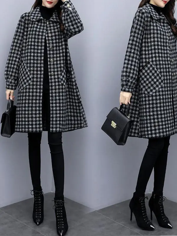 

Осень-зима 2022, корейское шерстяное пальто, женское твидовое пальто больших размеров средней длины, верхняя одежда с высокой талией, пригородное платье