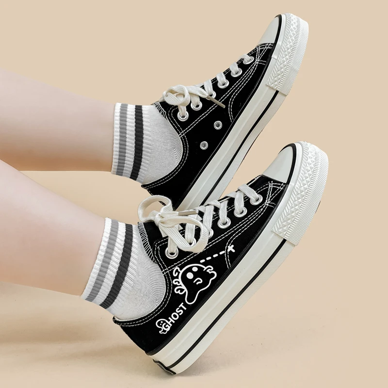 Amy and Michael Cute Girls Students Flat Casual Canvas Shoes Black Low Top Sneakers Female Woman Vulcanize Shoes