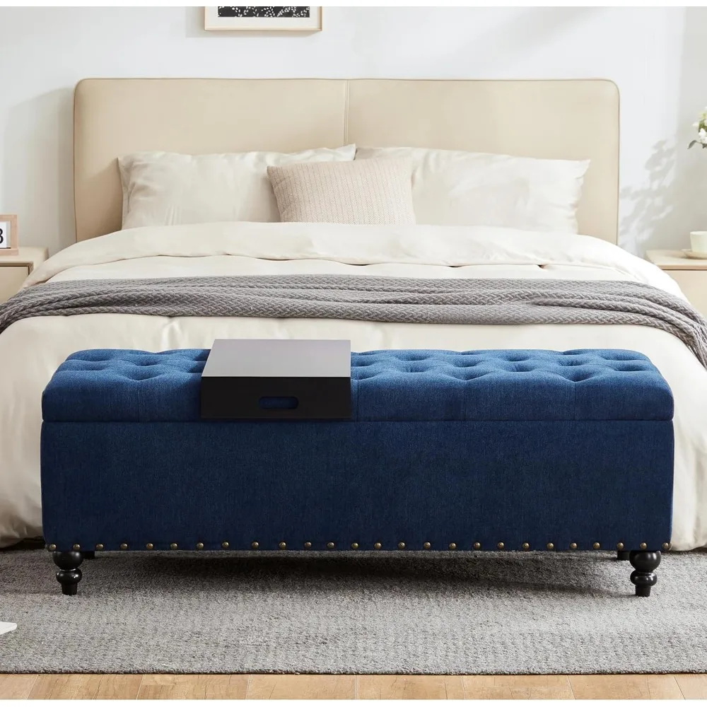 مقعد عثماني للتخزين مقاس 51 بوصة مع صينية قابلة للإزالة، مقعد غرفة نوم مع أزرار معنقدة، مسند بمفصلة أمان في F منجد