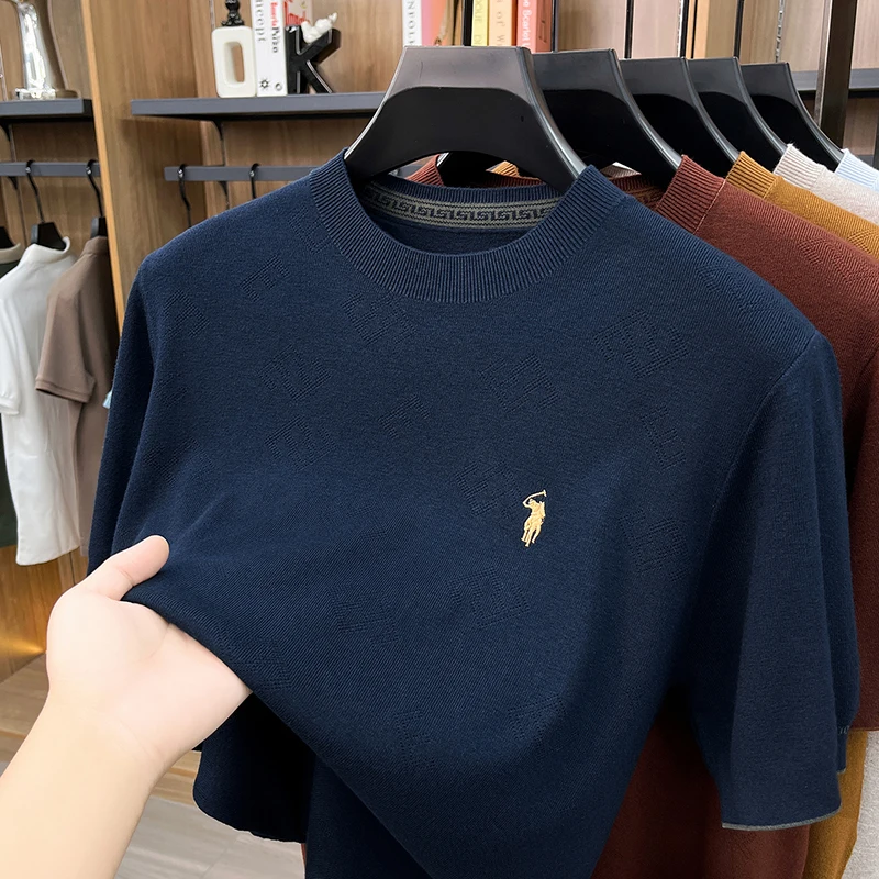 High-end Men's Crew Neck Knitted Sweater Casual Embroidered Trendy Base Shirt Short-sleeve T-shirt Solid Color Top for Summer