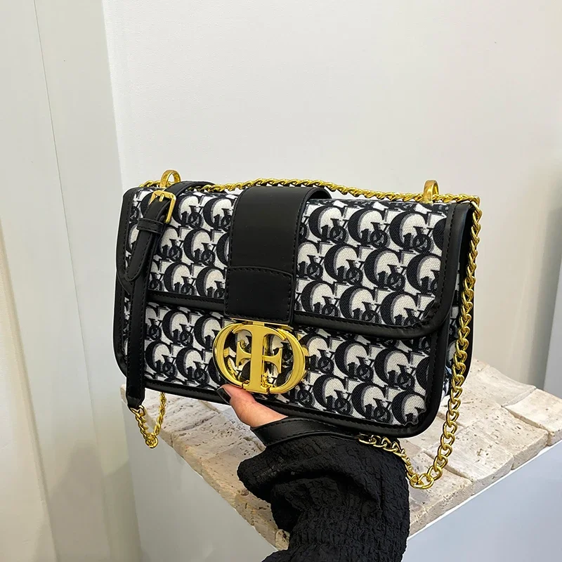 2024 New Fashionable Women's Printed Single Shoulder Diagonal Cross Metal Chain Large Capacity Handbag Famous Luxury Designer