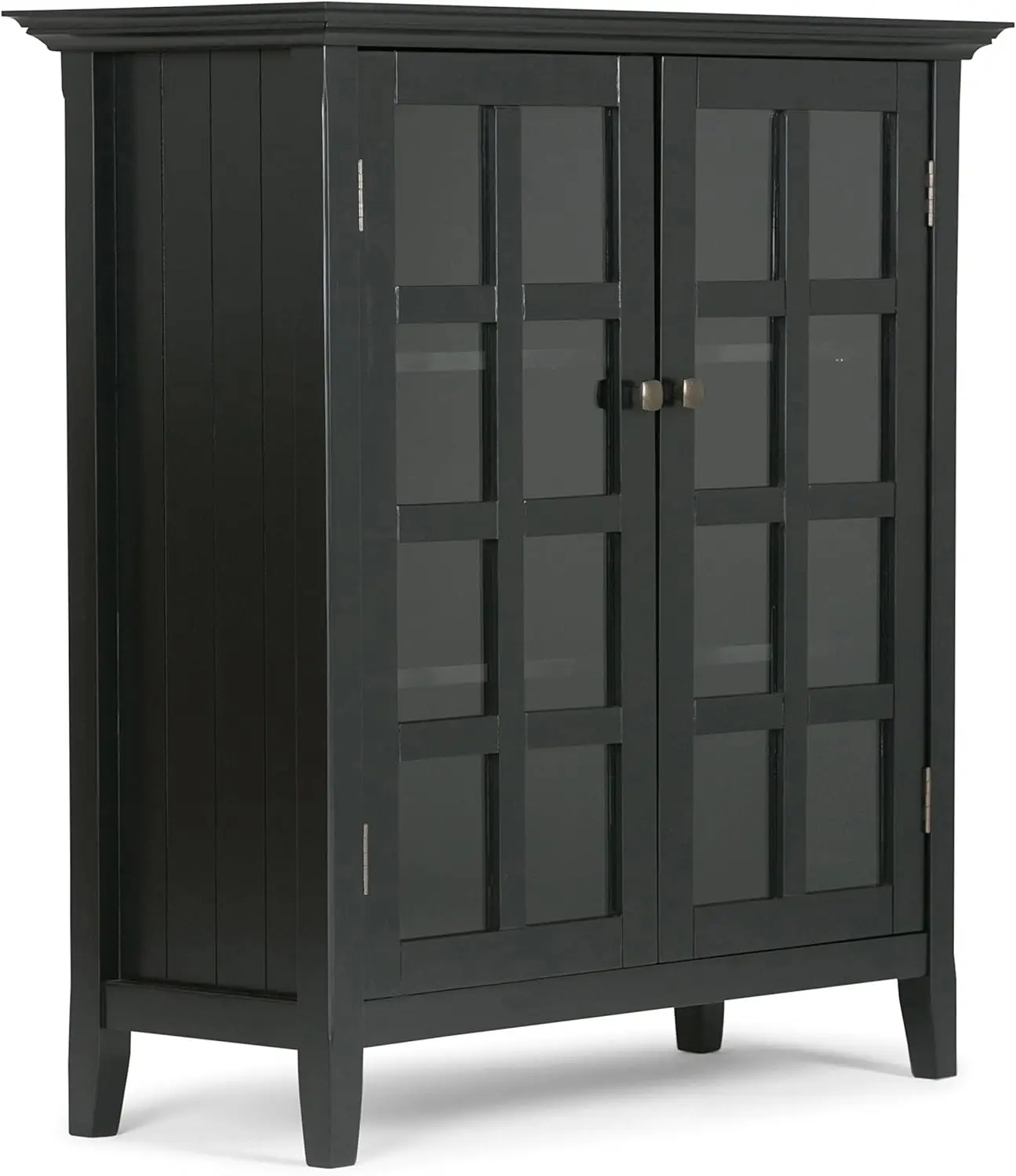 Acadian Solid Wood 39 Inch Wide Rustic Medium Storage Cabinet In Black, With 2 Tempered Glass Doors, 4 Adjustable Shelves