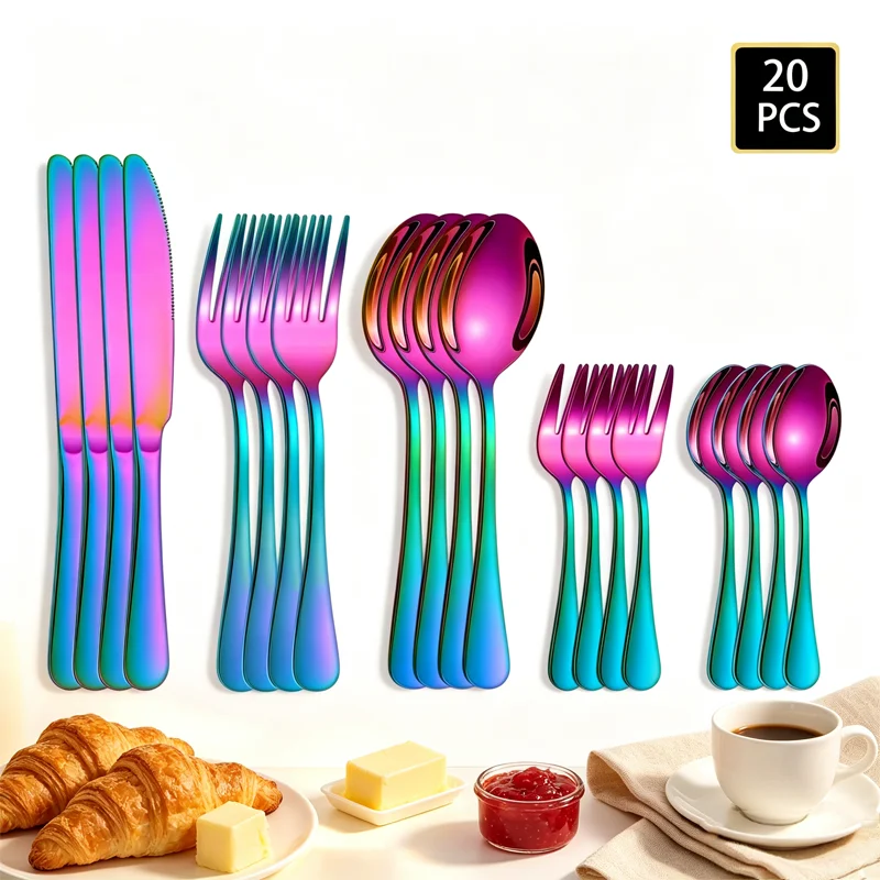 20-Piece Stainless Steel Cutlery Set, Dishwasher Safe, Practical Set including Knives, Forks, Spoons, Salad Forks, and Dessert S