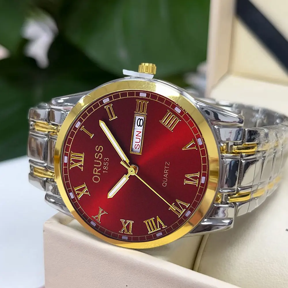 ORUSS популярные брендовые кварцевые часы для мужчин, роскошные светящиеся часы с датой недели, модные деловые водонепроницаемые часы из нержавеющей стали, новые римские мужские часы