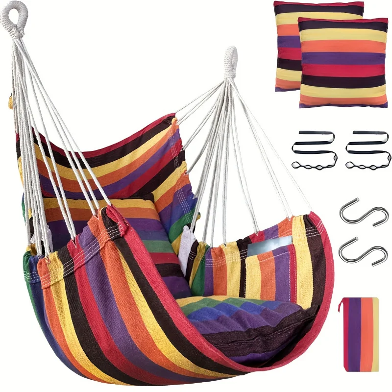 1pc, Ultimate Relaxation Bohemian Hammock Chair - Sturdy 500 Lbs Capacity, 2 Thick Cushions, Striped Swing Seat,